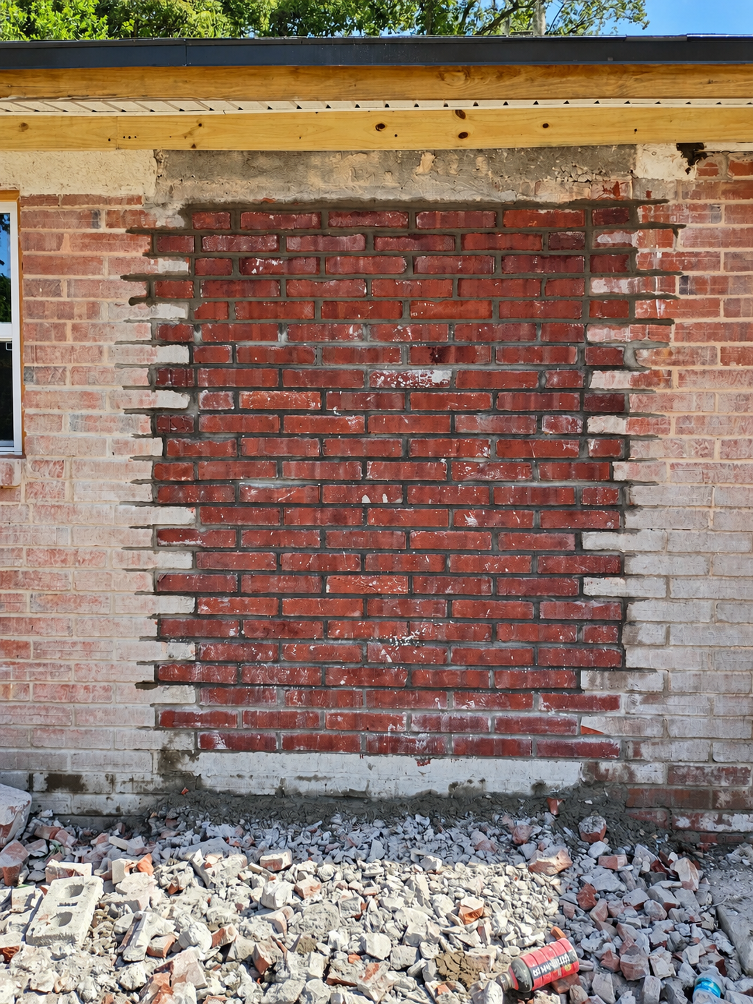 A man is kneeling on the sidewalk in front of a brick building.
