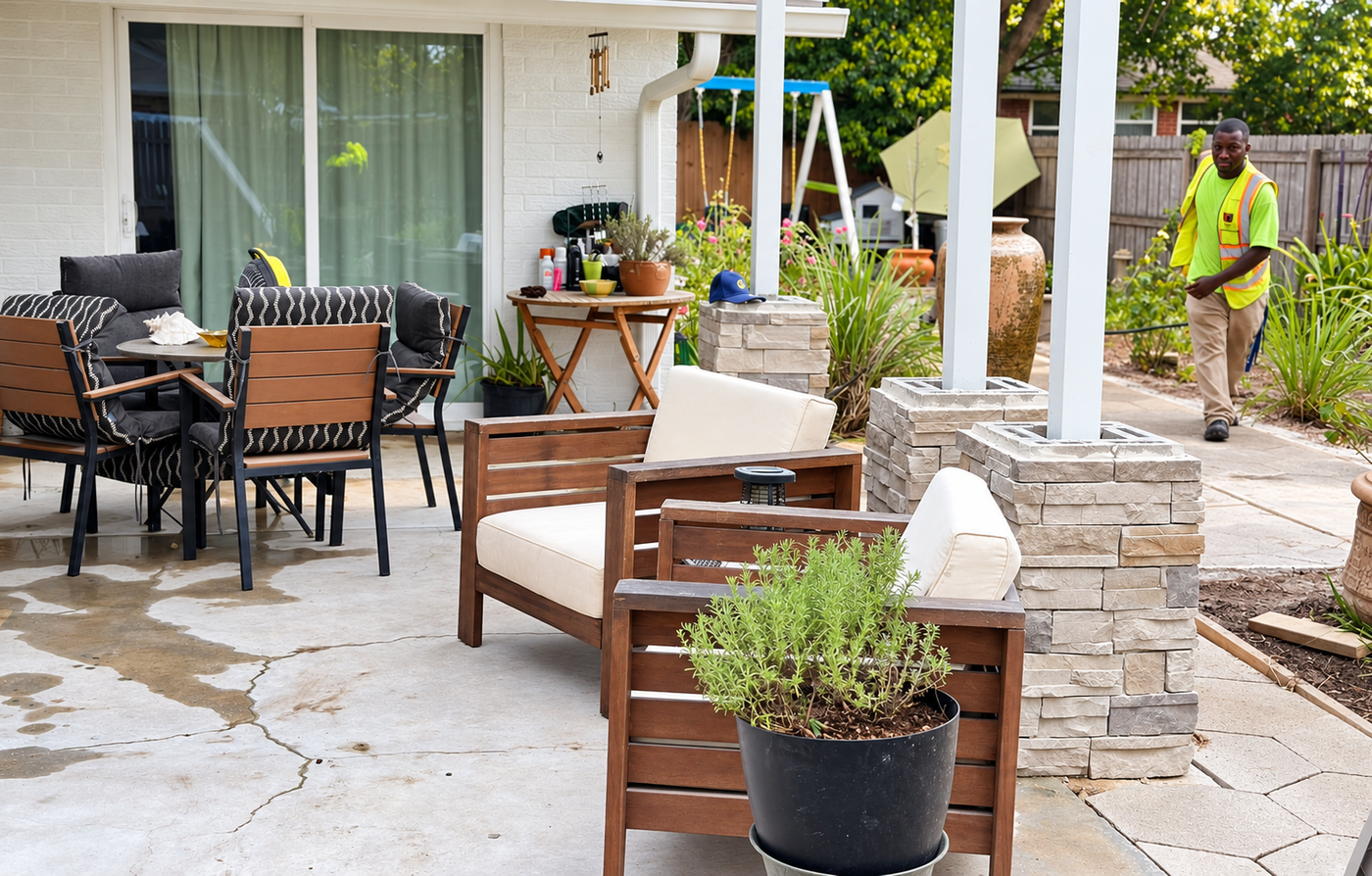 Patio with chairs, table, potted plants, and a worker in a neon vest near a walkway