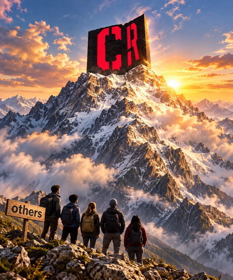 Hikers on a rocky ridge face a snowy mountain at sunset with glowing red CR summit letters