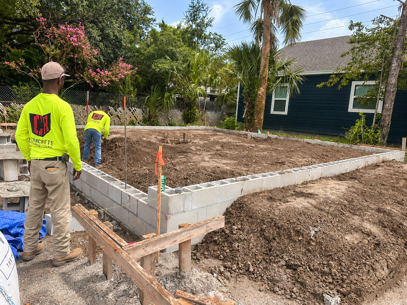 Workers pouring a concrete foundation in a yard beside a house, with wooden forms and soil piles.