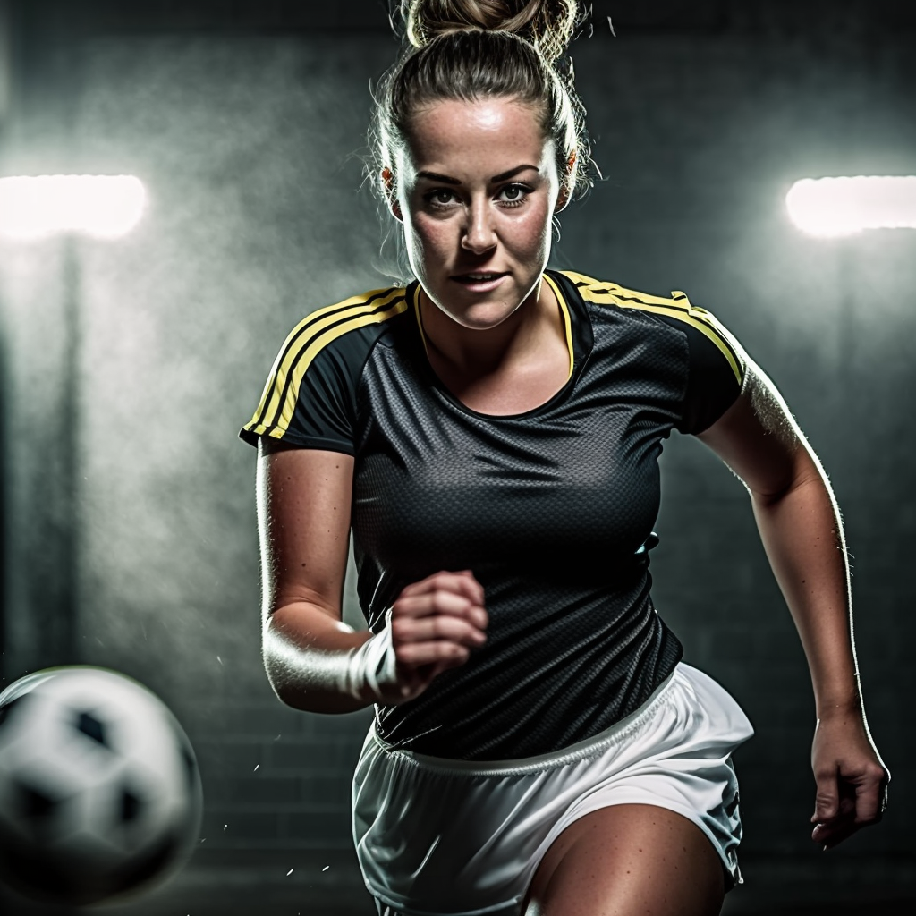 A woman in a black shirt and white shorts is kicking a soccer ball