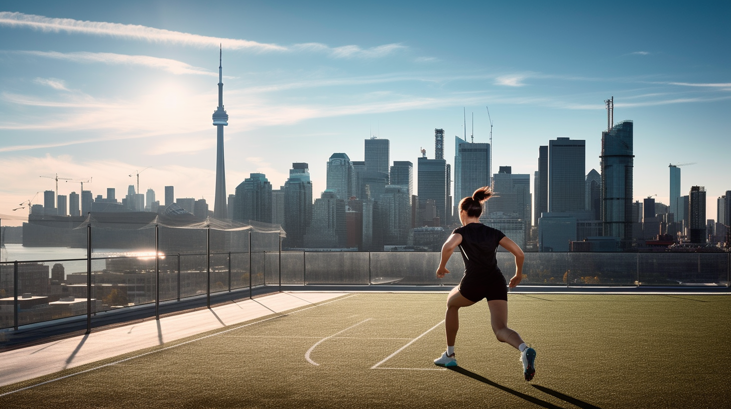 A woman is running on a field in front of a city skyline.