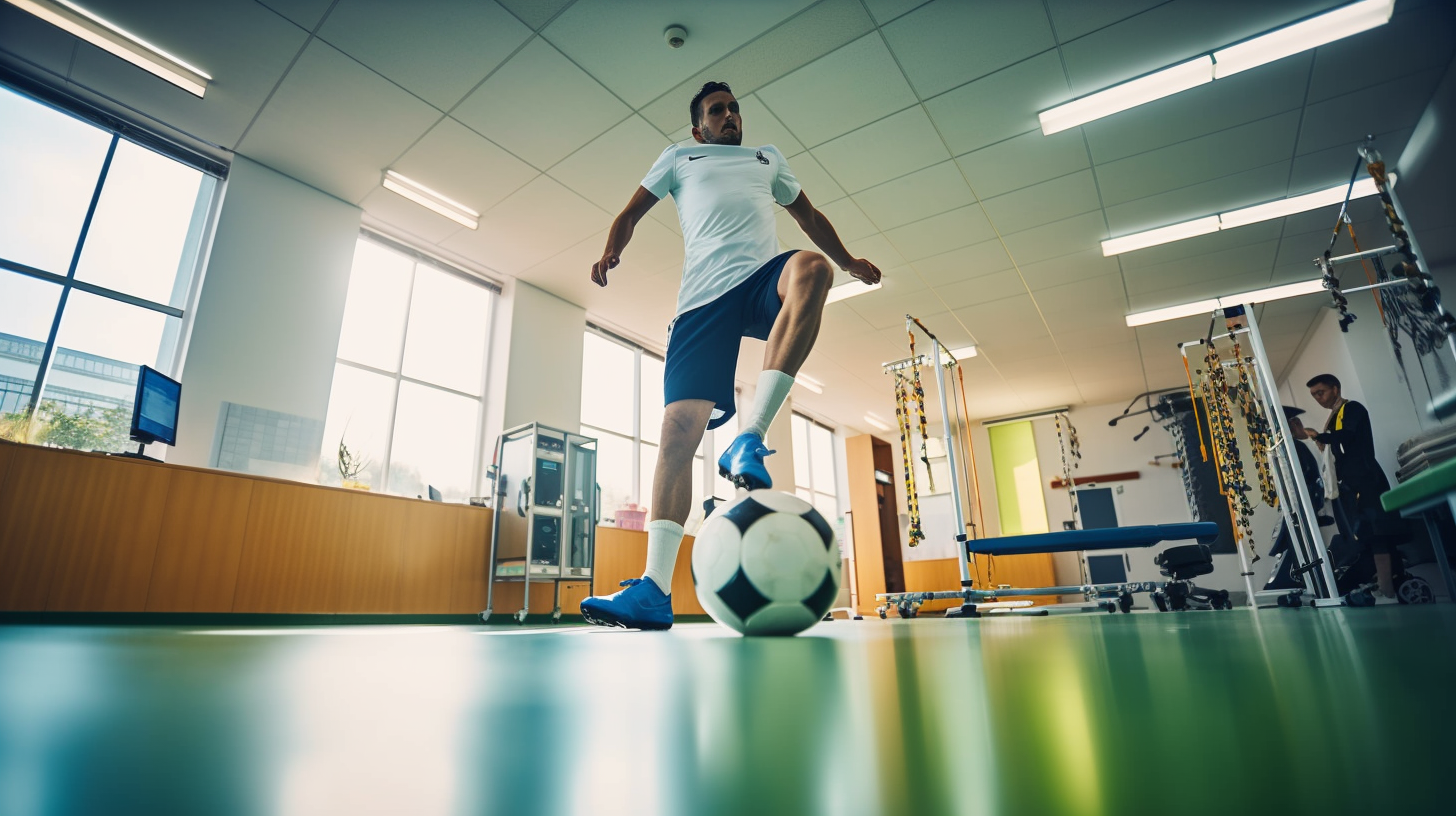 A man is kicking a soccer ball in a gym.