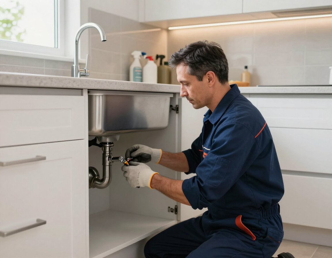 Plumber working on a fixture in a residential home