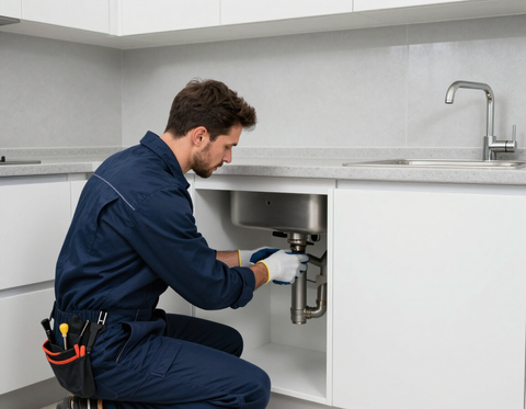Plumber inspecting under-sink plumbing