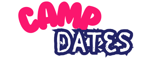 Pink and navy logo reading “CAMP DATES” on a white background