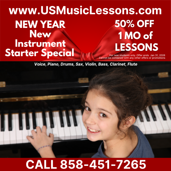 USMusicLessons.com New Year special ad with smiling child at piano and call to call 858-451-7265