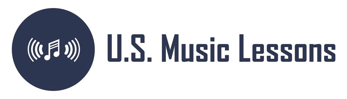 U.S. Music Lessons logo with music note icon in a dark blue circle and bold text on white background