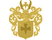 Gold and red heraldic crest with wings, cross, skull emblem, and shield with red cross and gray tower.