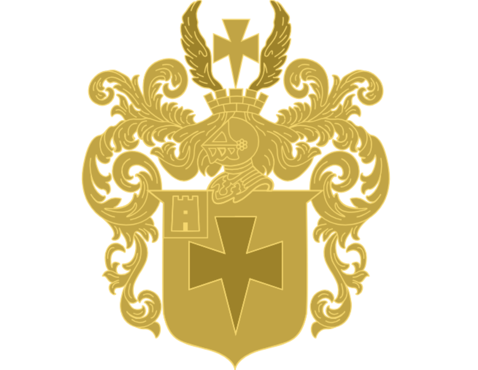 Gold and red heraldic crest with wings, cross, skull emblem, and shield with red cross and gray tower.