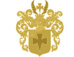 Gold and red heraldic crest with ornate flourishes, shield, cross, and helmet emblem