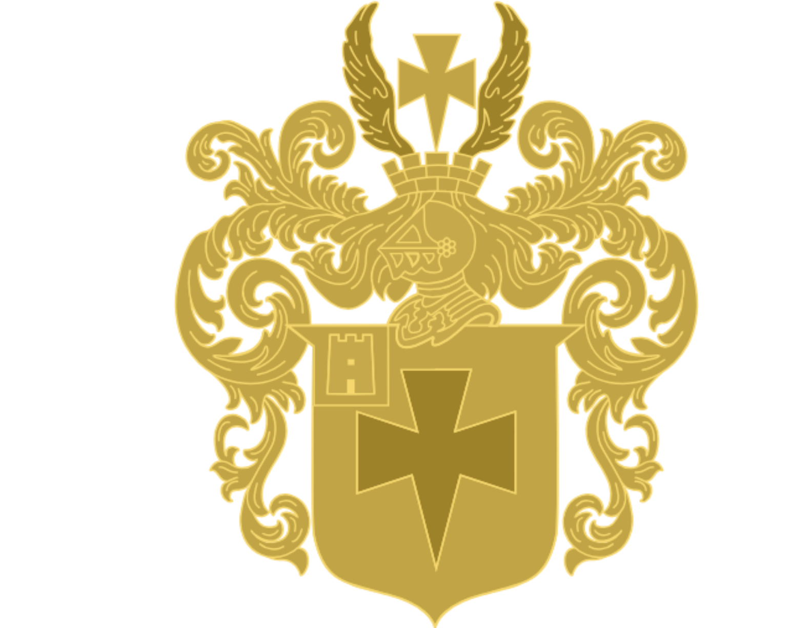 Gold and red heraldic crest with ornate flourishes, shield, cross, and helmet emblem