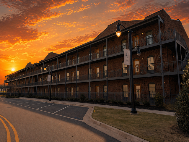 First & Main riverfront condominiums at sunset