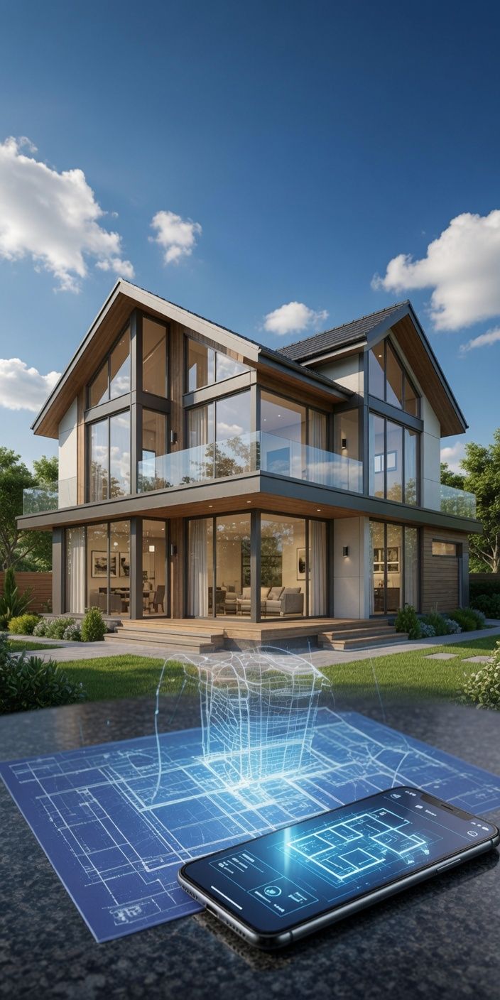Modern home with a digital blueprint and phone for the Resident Portal.