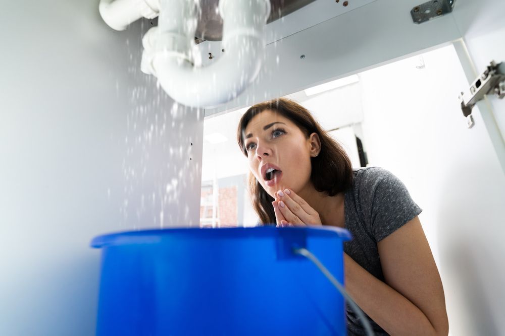 A Woman Is Looking At Water Coming Out Of A Sink Pipe — Warrnambool Emergency Plumbing in Warrnambool, VIC