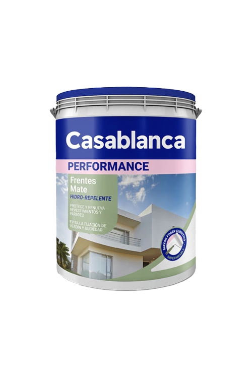 Cubo de pintura blanca Casablanca Performance con etiqueta azul y gráfico de una casa.
