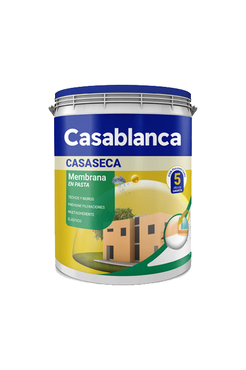 Etiqueta cilíndrica para cubo de pintura Casablanca en azul, amarillo y verde, que muestra un icono de una casa y un pincel.