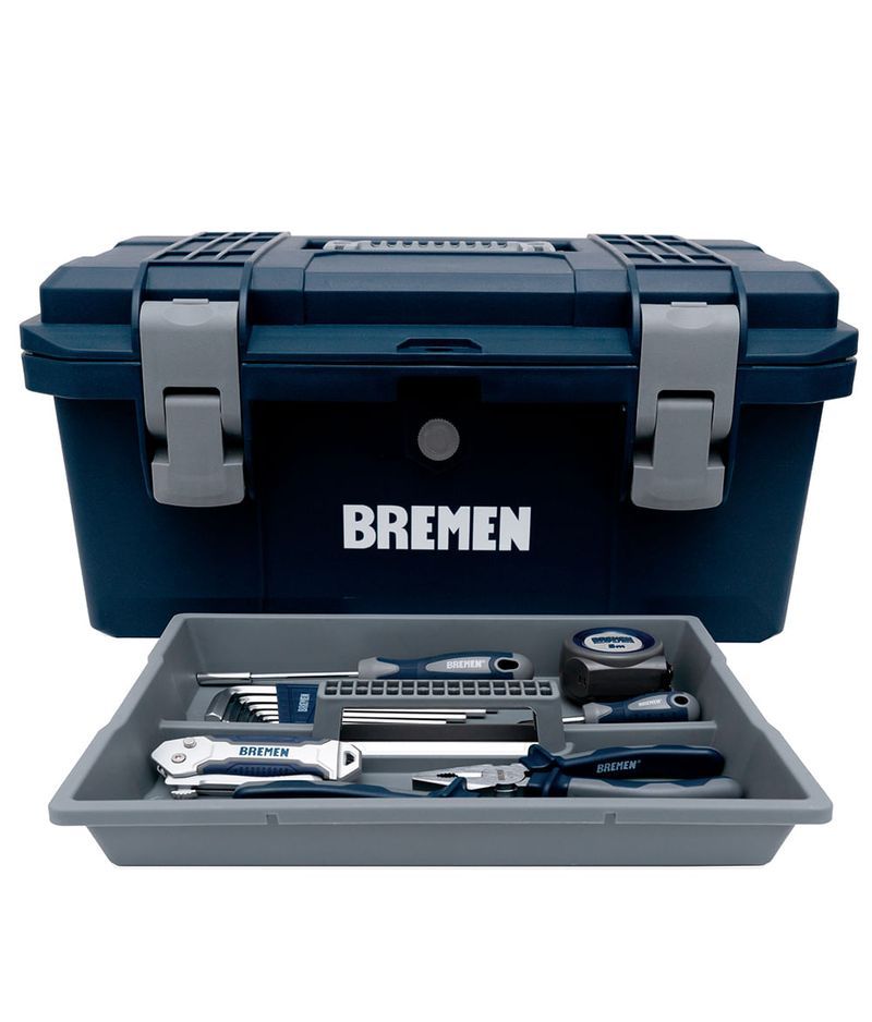 Caja de herramientas Blue Bremen con una bandeja abierta de herramientas manuales expuestas al frente.