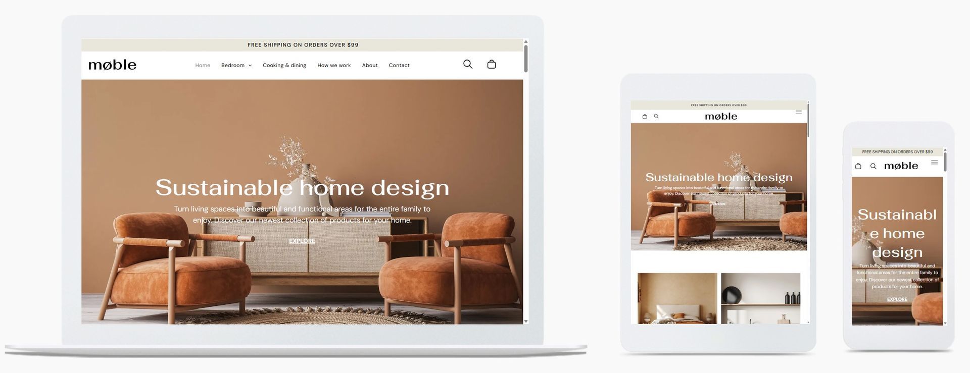 Landing Page Designer: Website mockup shown on laptop, tablet, and phone with a warm brown living room interior layout