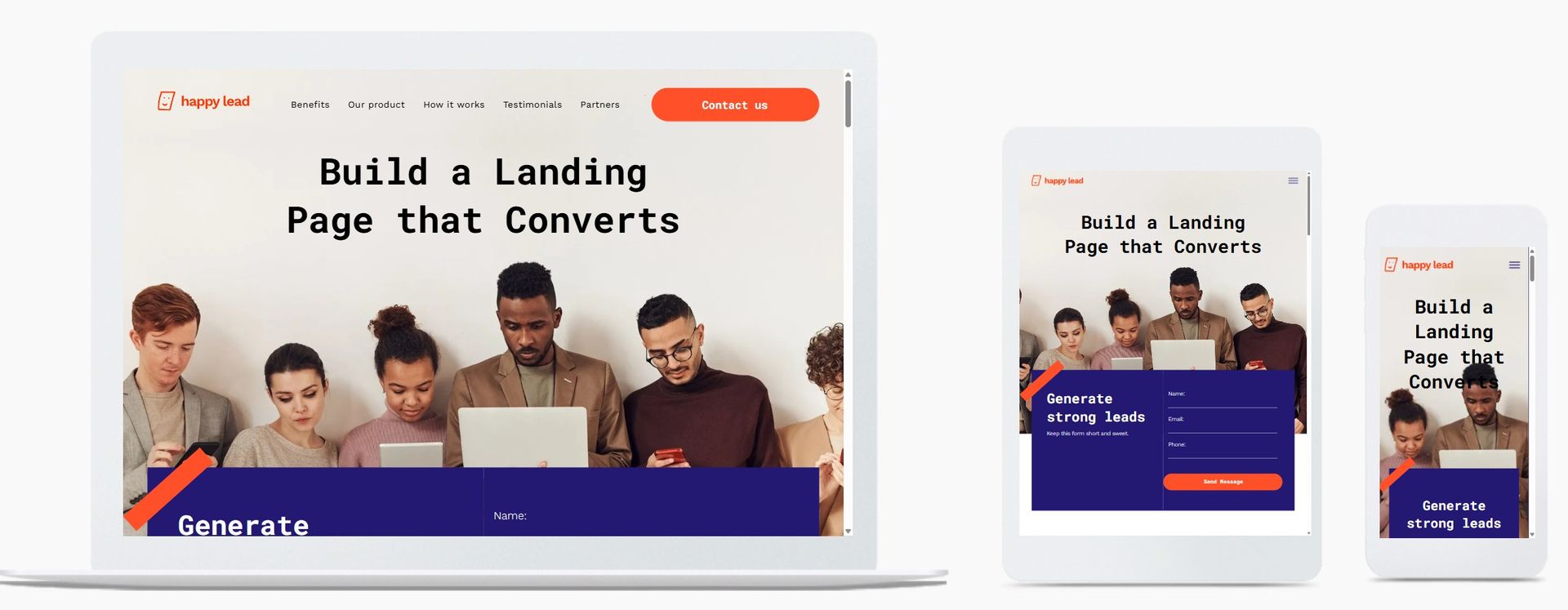 Landing Page Designer: Landing page mockup shown on laptop and mobile devices with orange and blue accents