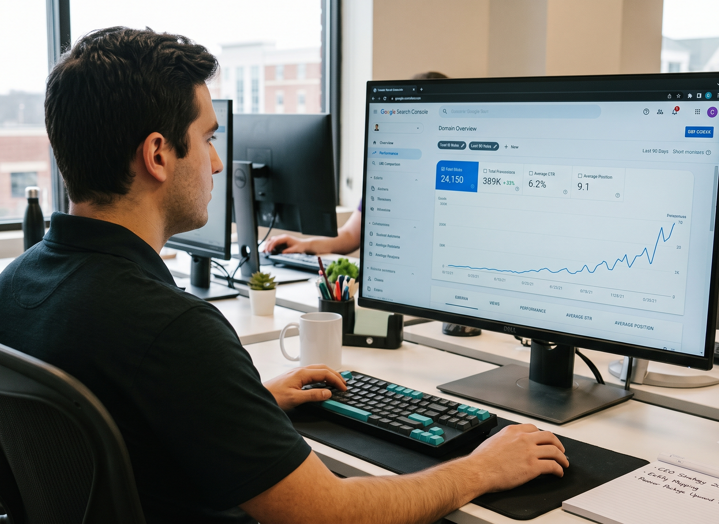 Basic SEO Package: Person working at a desk with a desktop computer displaying a chart in an office near a window.