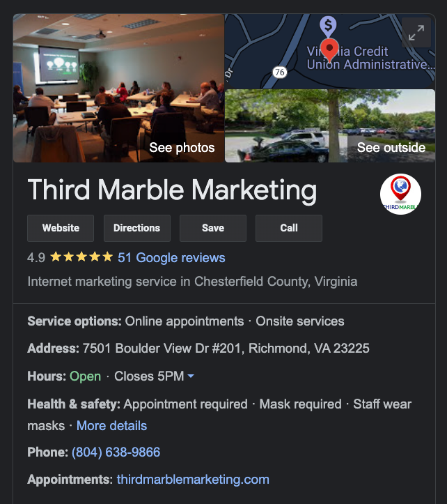 AI SEO: Third Marble's Google Business Profile panel