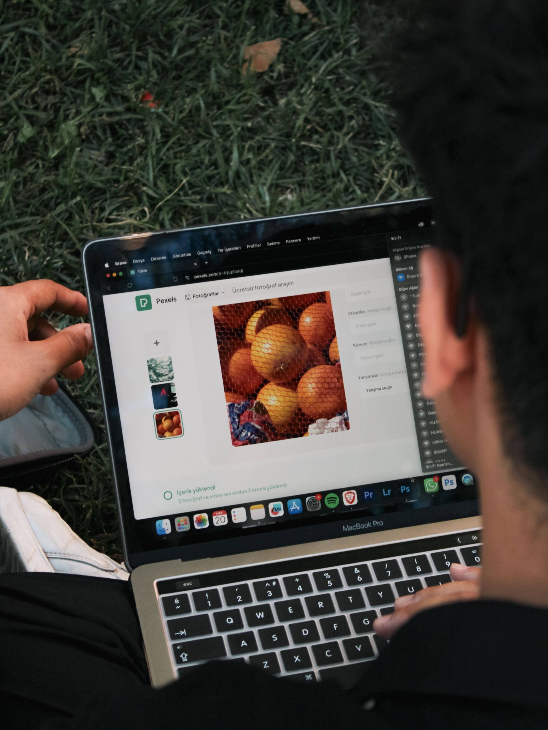 SEO improvement: person using a laptop on grass, viewing a photo of oranges on the screen