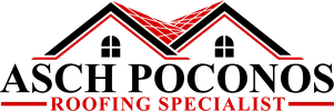 Logo for ASCH Poconos, featuring a stylized red and black roof illustration above the business name in black text.