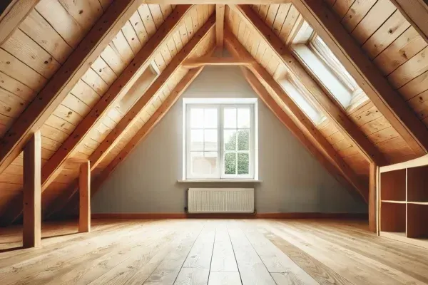 An empty attic with wooden floors and a window.