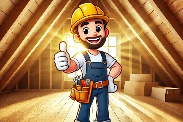 A cartoon of a construction worker giving a thumbs up in an attic.