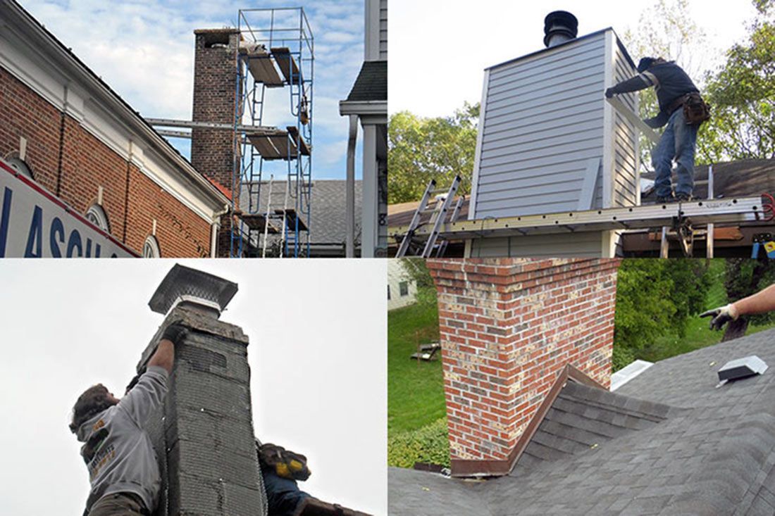 A collage of pictures of people working on a chimney