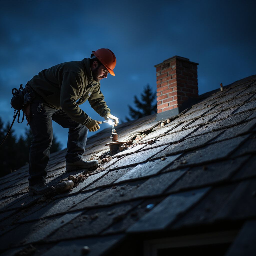 A person in a hard hat uses a flashlight to inspect a chimney on a dark, shingled roof at night.
