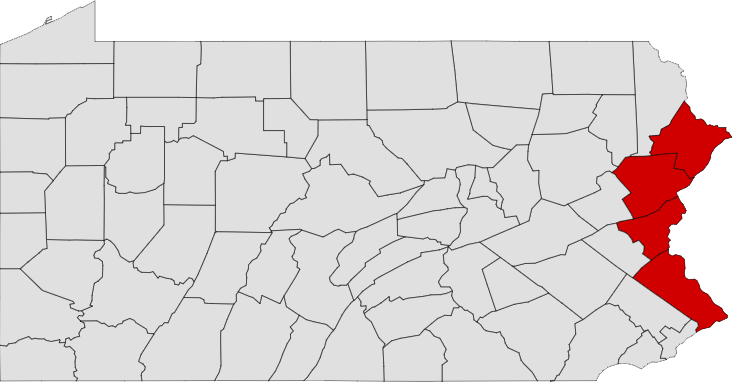 A map of Pennsylvania with its eastern counties highlighted in red.