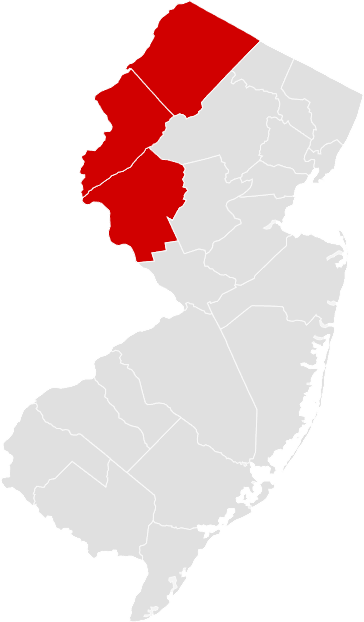 A map of New Jersey with two northern counties highlighted in red.