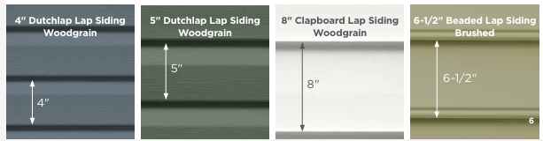Four siding samples labeled by style and width: 4