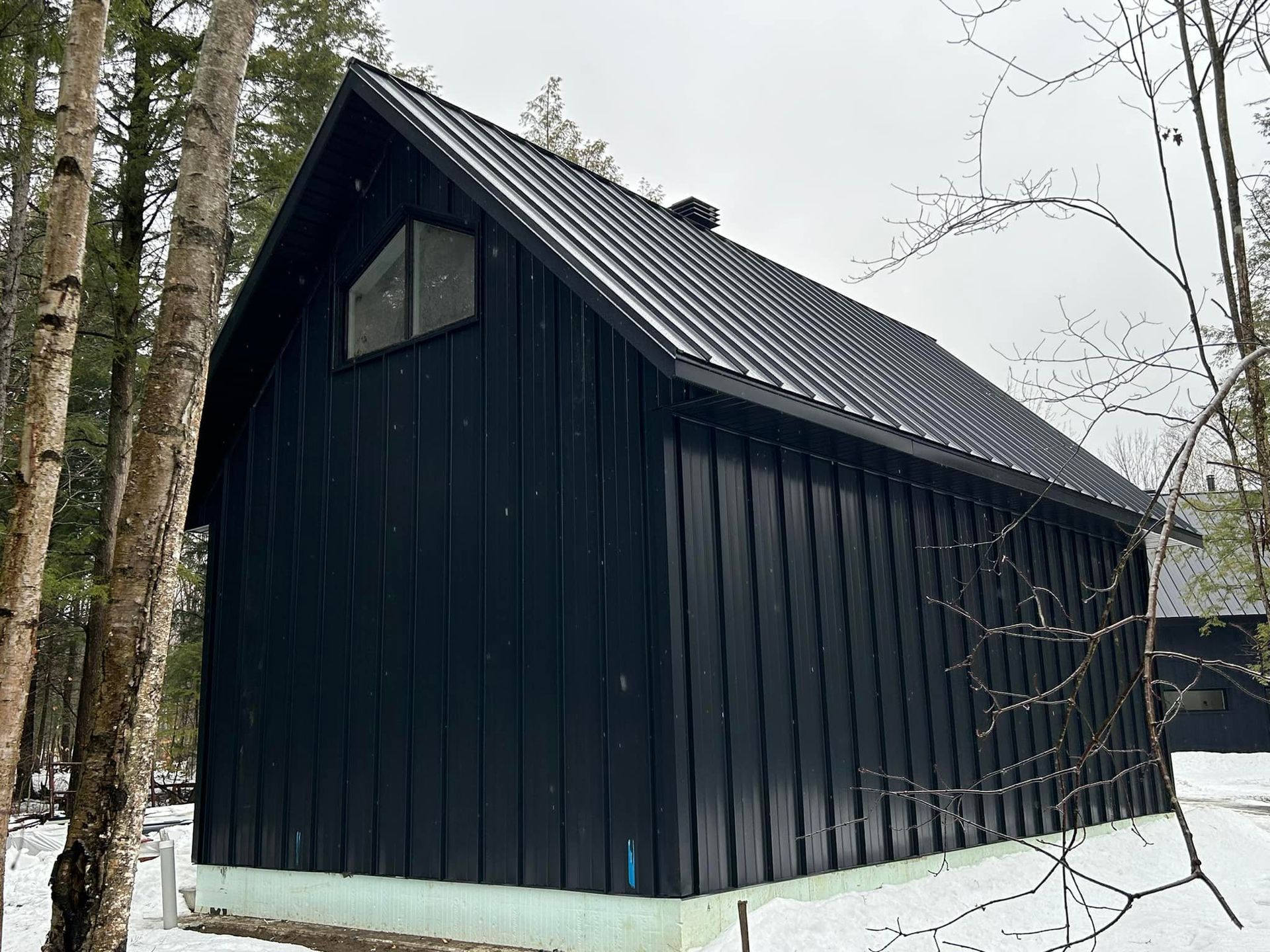 Un bâtiment noir avec un toit en métal est entouré de neige et d'arbres.