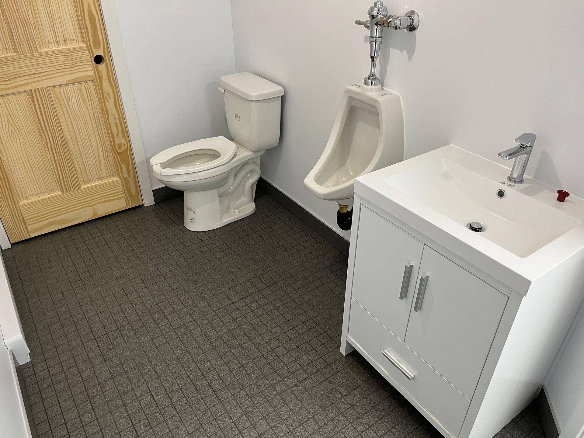 Une salle de bain avec WC, urinoir et lavabo.