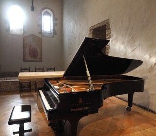 Un pianoforte a coda è posizionato in una stanza con il coperchio aperto.