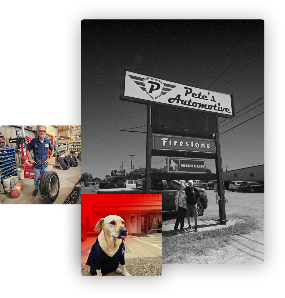Collage of Pete’s Automotive shop sign, a car on a lift, and a small dog in a sweater | Pete's Automotive