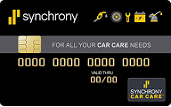 Black Synchrony Car Care debit card with gold chip and logo on dark background. | Pete's Automotive