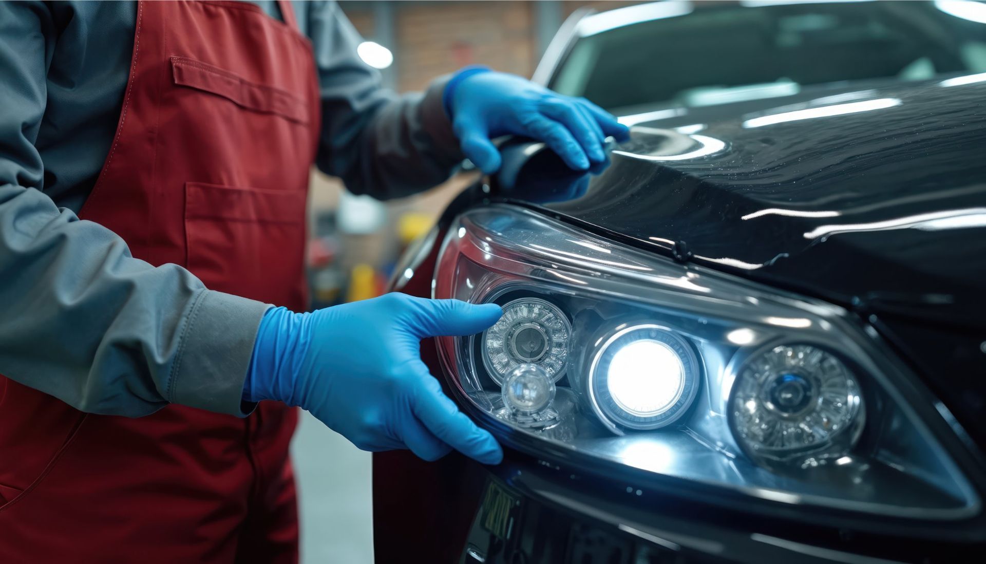 A mechanic in a red jumpsuit and blue gloves adjusts the bright LED headlight of a dark car in a garage.