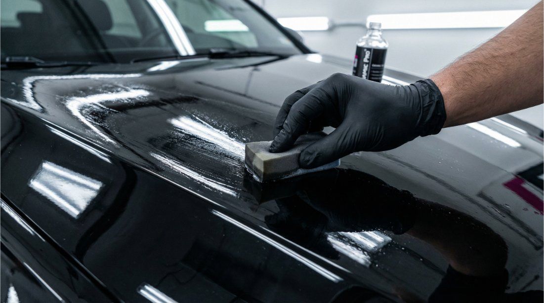 A hand wearing a black glove uses a foam block to apply ceramic coating to the black hood of a car.