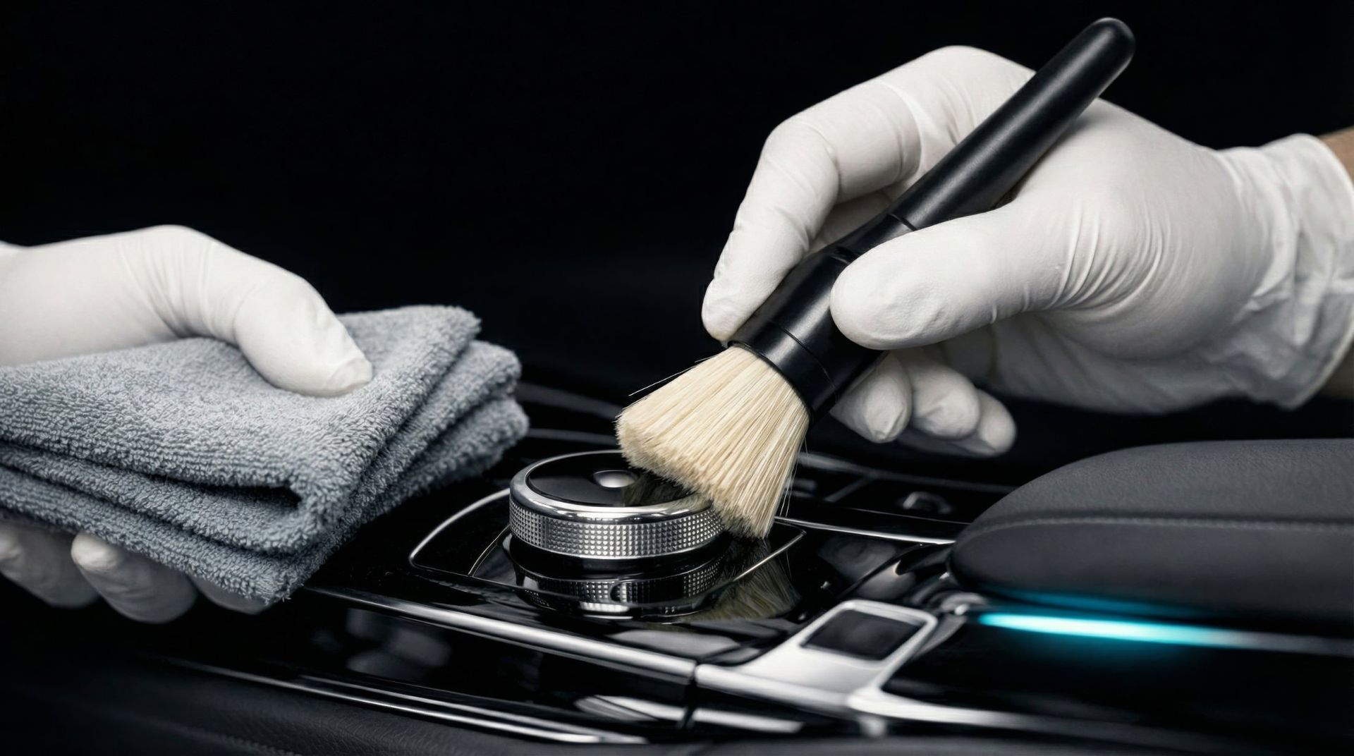 A person in white gloves uses a brush to clean a car's center console while holding a gray cloth.