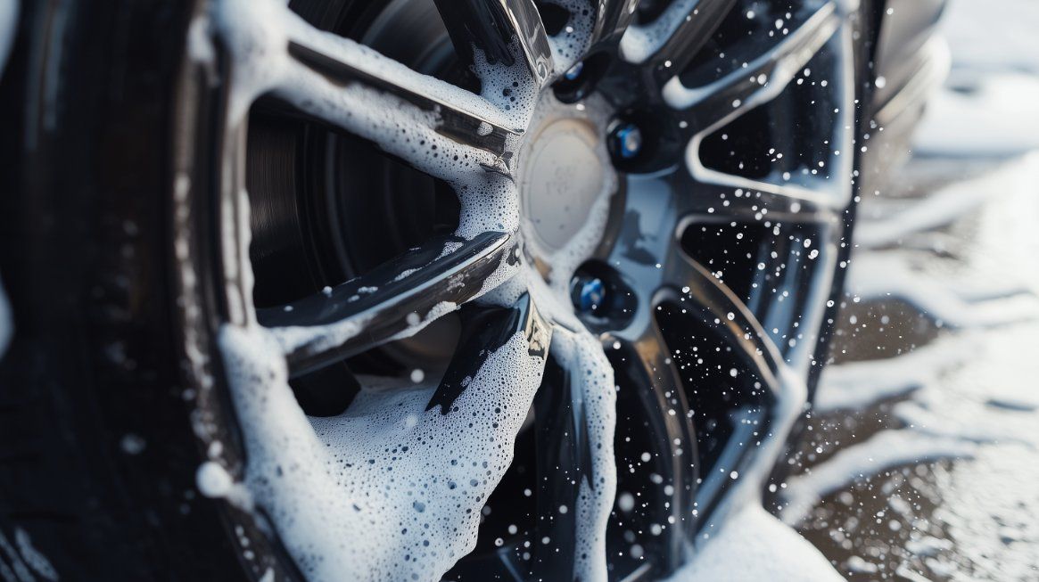 A dark-colored car wheel covered in white soap suds during a car wash.