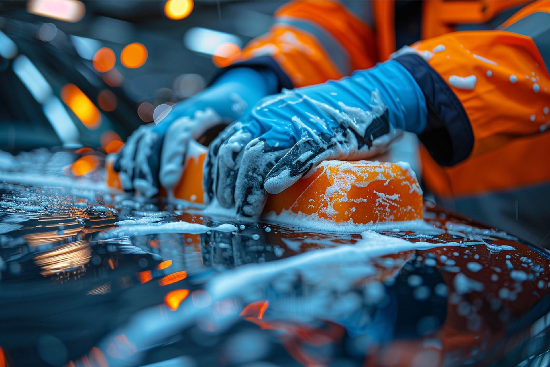 A person wearing orange safety gear and blue gloves washes a car hood with a sudsy orange sponge.