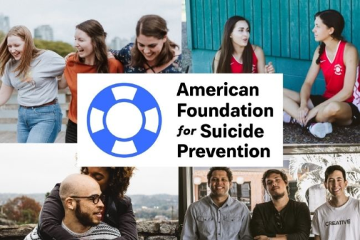American Foundation for Suicide Prevention logo with photos of people together, smiling and supporting each other.