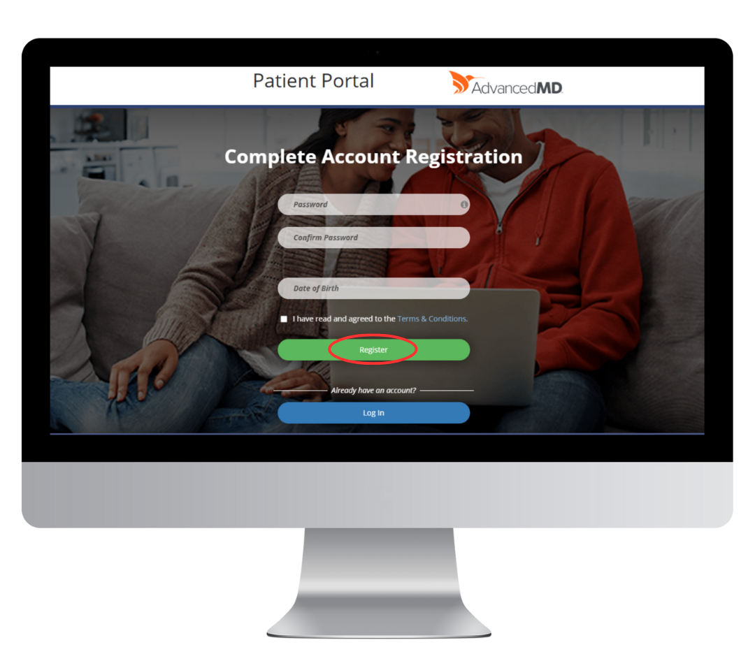 Patient Portal account registration form on a computer screen, with a couple on a couch in the background.