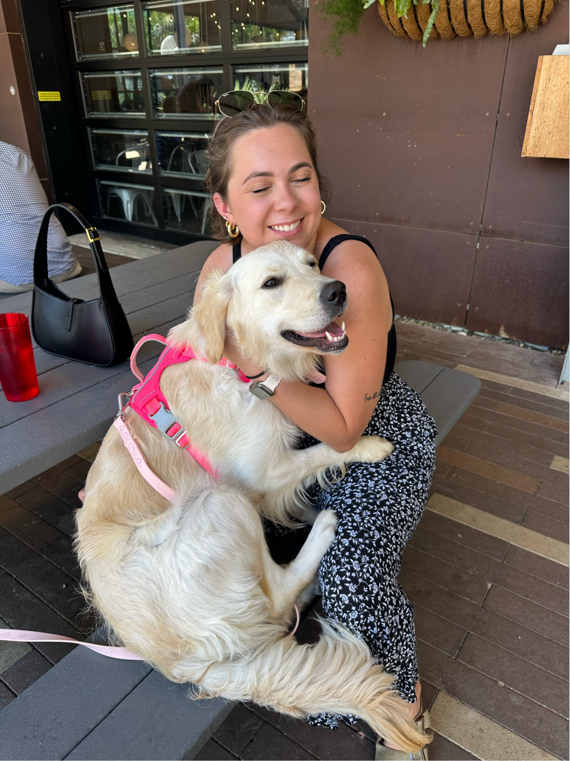 Woman hugging a golden retriever dog outdoors; dog wearing pink harness, smiling.