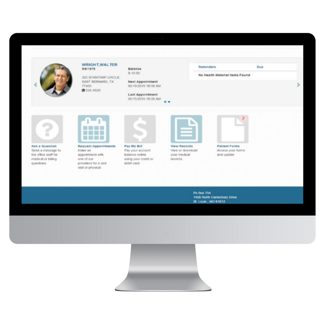 Patient portal screen with patient photo, appointment information, and links to features.