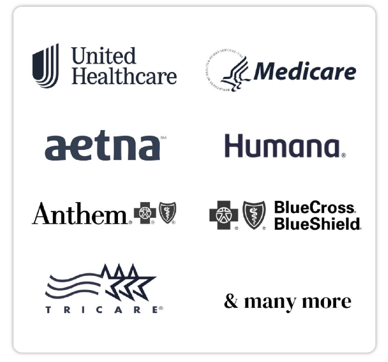 Logos of major health insurance providers, including United Healthcare, Aetna, Humana, and Medicare.